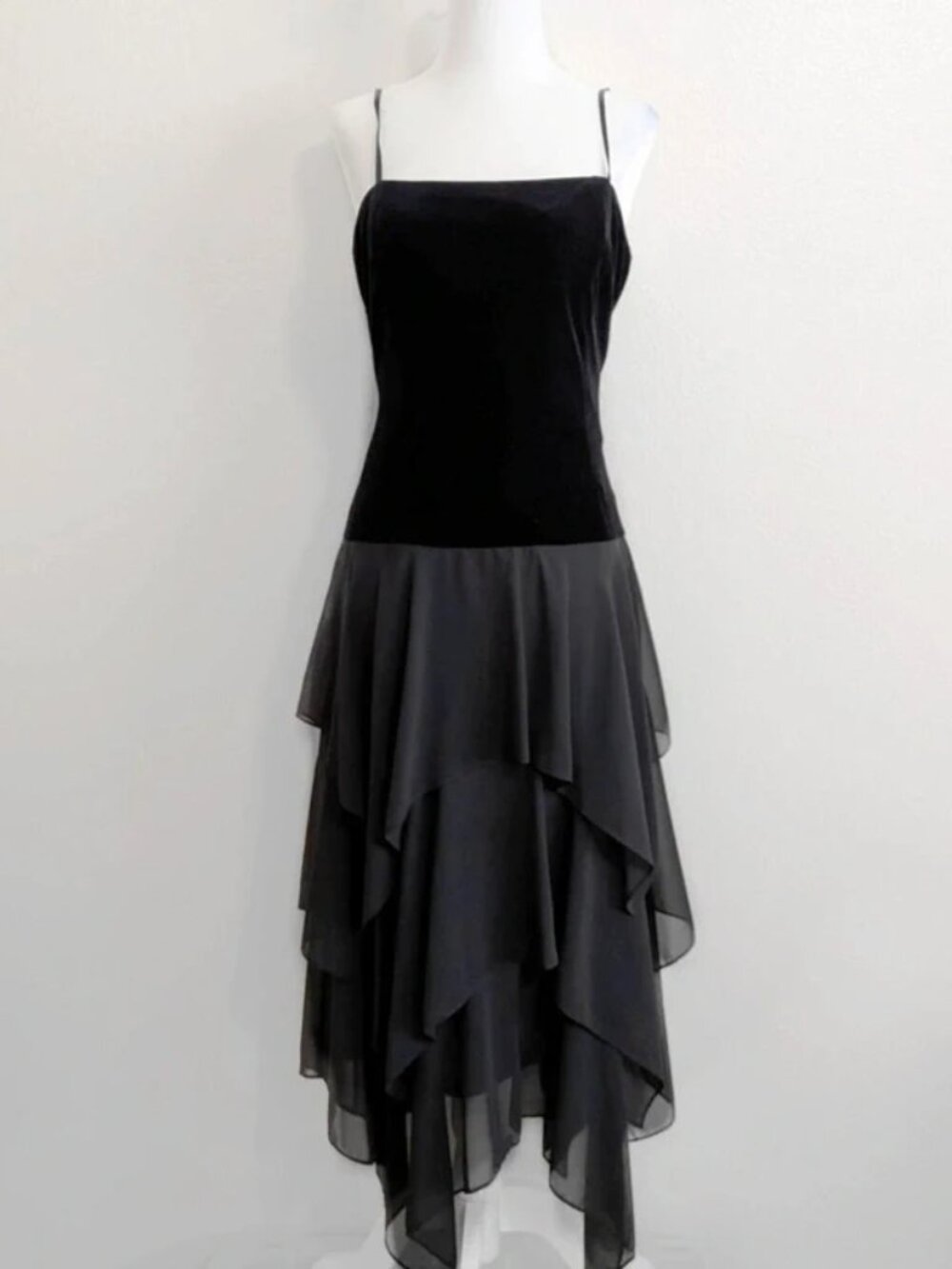 Vintage Eliza J Black Gothic Velvet Chiffon Ruffled Skirt Midi Dress | Size 8